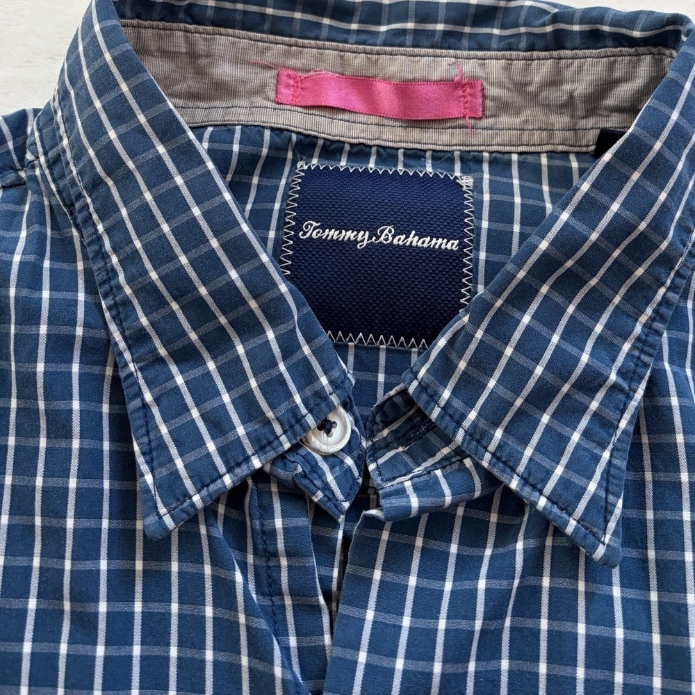 Tommy Bahama Plaid Button Down Shirt L Blue Pink 100% Cotton - Picture 2 of 6